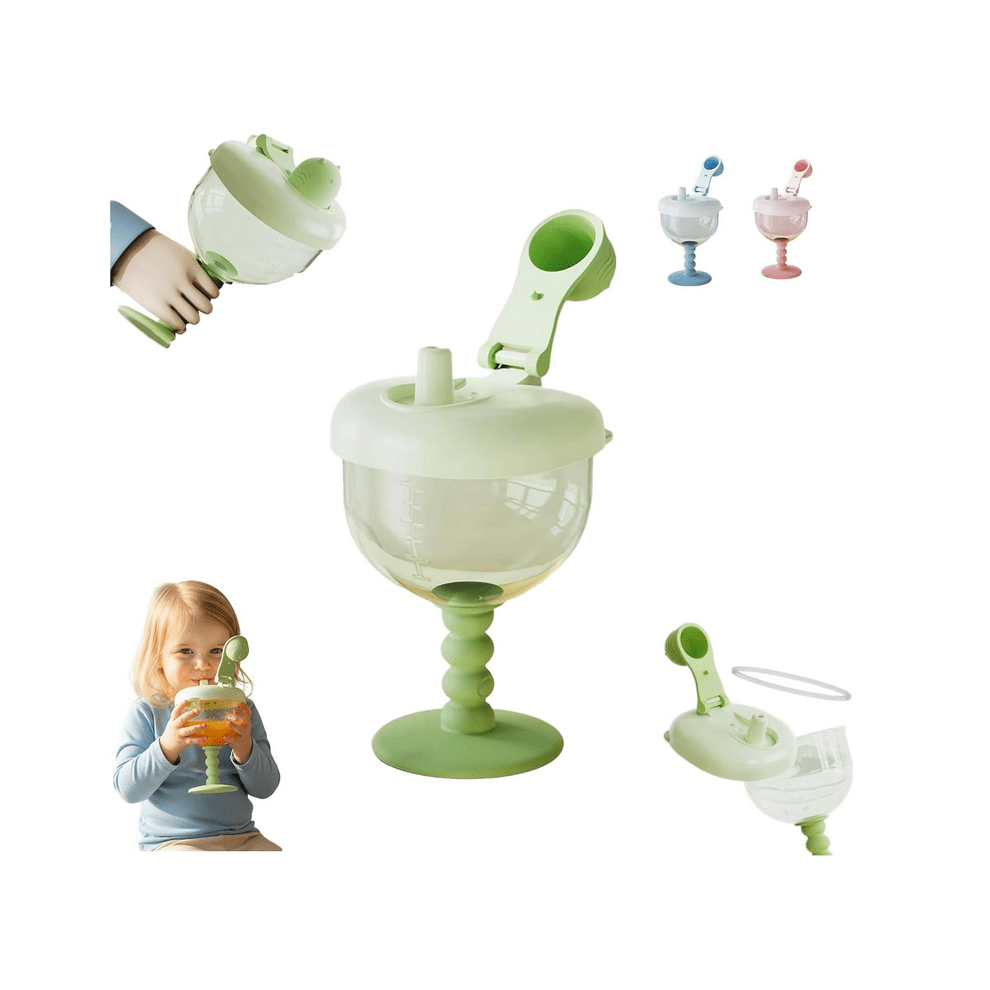 Cute No-Spill Goblet Cup With Lid, Leak-Proof Sippy Cup With Measurement Marks For 12M+, 2Pcs (Green) Green