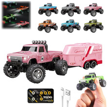 Wiederaufladbarer 2,4-GHz-RC-Truck mit Anhänger, LED-Beleuchtung, 3 Geschwindigkeiten und Aluminiumkarosserie – USB-C-Ladeanschluss