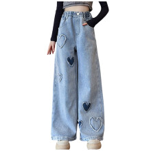 Girl Pants - Girls Wide Leg Jeans High Elastic Waist Bow Detail Baggy Denim Casual Streetwear Playwear - Girls Clothes,Color:08 Blue,Size:10-12 Years