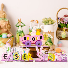 Oster-Tischdekorationen: Fröhliche Ostern-Tischdekorationen aus Holz, bunte Ostereier-Hasen-Tischschilder für drinnen und draußen