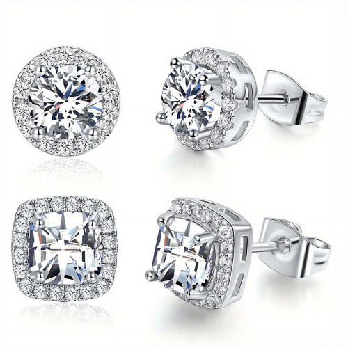 Zirconia Earring Set Round Square Studs Hypoallergenic 2 pcs