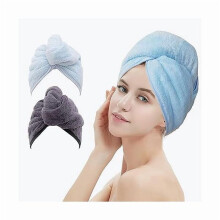 2 Pack Hair Drying Towels, Hair Towel Wrap,Absorbent Microfiber Hair Towel Turban with Button Design to Dry Hair More Quicker(Dark Gray& Blue)