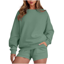 Set trening casual pentru femei, cu mânecă lungă și guler rotund | Ținută casual din două piese, culoare uni | Pantaloni scurți și top