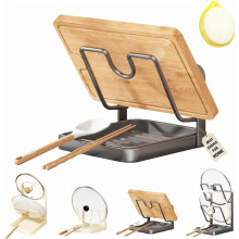 Soporte de acero inoxidable para tapas de ollas con bandeja recogegotas y espátula.