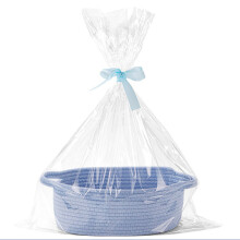 Panier de rangement tressé bleu avec poignée, idéal pour l'organisation de la maison et l'emballage cadeau.