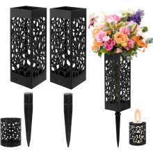 Schwarze Friedhofsvase aus Kunststoff mit Abflusslöchern und Kerze