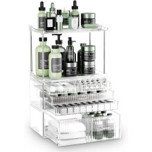 Organisateur de salle de bain transparent Ă 2 niveaux et 5 tiroirs
