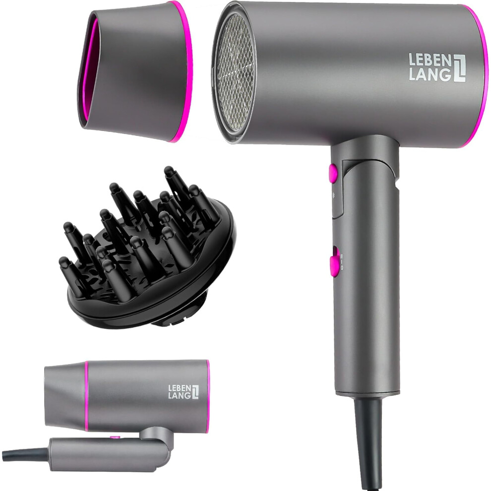 Ionic Hair Dryer, 1875W - Foldable, Portable, Compact, Mini, Travel, Diffuser, Curly Hair