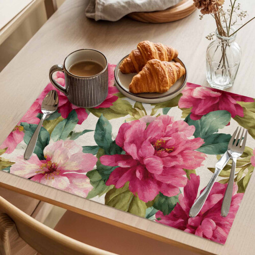 Tischsets mit rotem Blumenmuster, Leinenstruktur, 4er-Pack 2