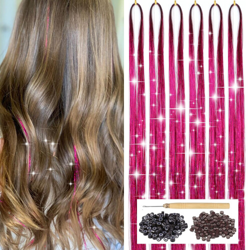 Σετ με κόκκινα μαλλιά, extensions με glitter και εργαλεία, 600 κλώνοι, 47 ίντσες 1