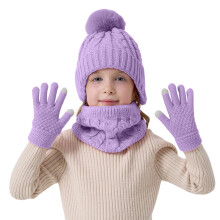 Boys Pom Pom Hat Scarf Gloves Set, Ultra Warm Fleece Lined Winter Kit, Single Ball Design for Infants Toddlers. Purple