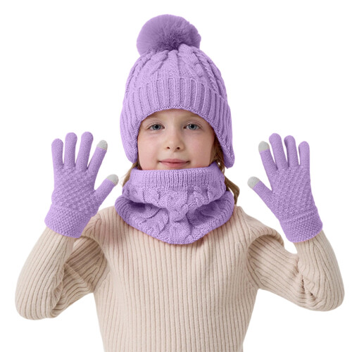 Set composto da cappello, sciarpa e guanti con pon pon per ragazzi, colore viola, foderato in pile.