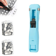 Portable Binder Clip Stapler with 50 Reusable Clips, Handheld Clam Clip Dispenser & Mini Push Stapler for Office/Home (Blue)