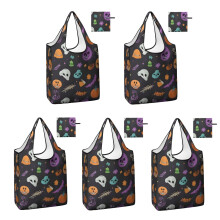 5-Pack Foldable Halloween Skull Pumpkin Shopping Bags, Reusable, Waterproof, Lightweight Tote with Pockets – Compatible with Grocery Use