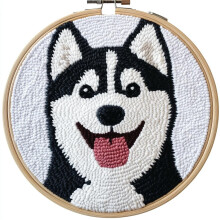 Cartoon Baby Husky Punch Needle Kit for Beginners – DIY Yarn Embroidery Set with Printed Pattern, Hoop & 20x20cm Canvas – Compatible with Punch