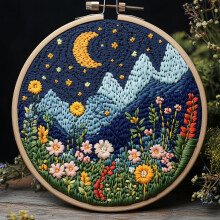 DIY Punch Needle Kit: Night Moon & Flowers – Easy for Beginners, Stamped Pattern, Hoop Included – Craft & Home Decor