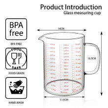 Tasse à mesurer graduée en verre borosilicate haute résistance à la chaleur et aux hautes températures, avec poignée, 500 ml / 1000 ml / 16 oz