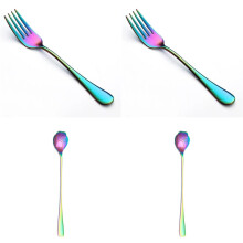 Juego de 4 tenedores y cucharas de acero inoxidable arcoíris con diseño de gato – Revestimiento multicolor de titanio, apto para lavavajillas,