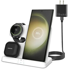 Încărcător wireless 3 în 1 FU21063 compatibil cu Samsung S23Ultra, S22/S24Series, Z Fold4/Flip4, Galaxy Watch5/5Pro/4 și căști Buds, alb