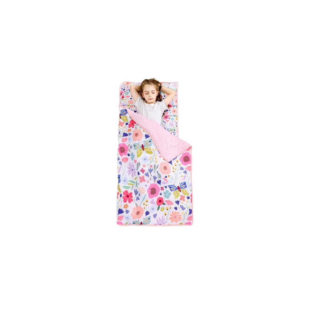 Toddler Nap Mat with Pillow & Minky Dot Blanket – Butterfly Garden Design, Compatible with Preschool, Daycare, Kindergarten, Travel