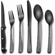 24-Piece Black Hammered Silverware Set with Steak Knives for 4, Stainless Steel Tree Pattern Flatware, Food-Grade, Mirror Finish