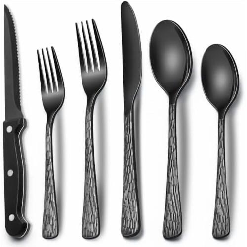 Black Hammered Stainless Steel Flatware Set 24-Piece