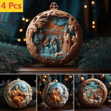 4-Pack Christmas Nativity Ornaments, 3D Acrylic Hanging Decor – Birth of Jesus Scene, Compatible with Standard Tree Hooks