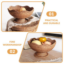 Woven Fruit Basket, Food Snack Serving Basket, Rustic Multipurpose Rattan Fruit Bowl, Footed for Countertop, Dining Room, Picnic, Large