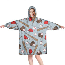 Blue Baseball Gear Wearable Oversized Blanket Hoodie, Cozy Fuzzy Pullover with Super Pockets for Women & Men