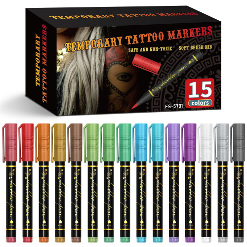 Temporary Tattoo Markers Set 15 Colors Waterproof