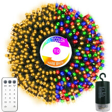 65.6ft 200LED Battery Christmas Lights, 12 Modes, Warm White & Multicolor, Remote Timer, Green Wire, for Wreath/Indoor/Outdoor – Compatible with