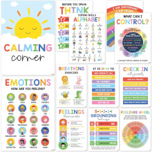 12 Calming Corner Posters (10x14) – Feelings Wheel & Emotions Chart for Kids, Compatible with Classroom, Therapy Office & Preschool