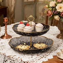 Plastic 2-Tier Fruit Bowl, 9.45" Square Serving Tray with Handle – Snack/Dessert Platter, Party Centerpiece, Black