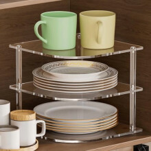 3-Tier Clear Acrylic Plate Organizer for Cabinets – Space-Saving Corner Shelf for Dishes, Bowls & Bathroom Storage