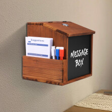 Wooden Suggestion Box with Slot & Lock, Rustic Burnt Wood Donation/Tip Box, Includes 10 Cards + 3 Erasable Pens – Compatible with Home, Office,