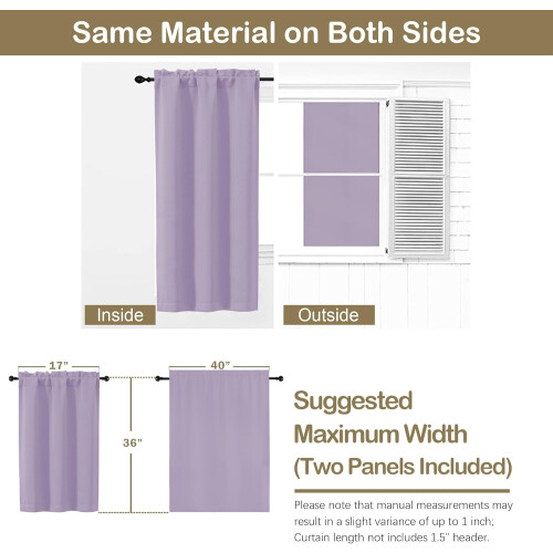 Lavender Blackout Curtains for Small Windows 2-Pack 40x36 1