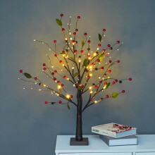 Red Berry Blossom Bonsai Lamp with 24 LED Lights