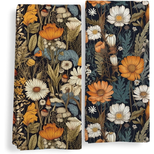Boho blommiga kökshanddukar, set om 2, 40x61 cm, mörkgrön