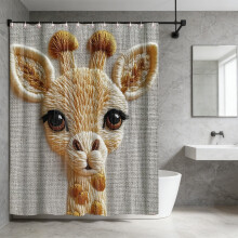 Rideau de douche girafe 3D brodé (imitation), 180 x 180 cm, polyester, 12 crochets – Compatible avec les barres de douche standard