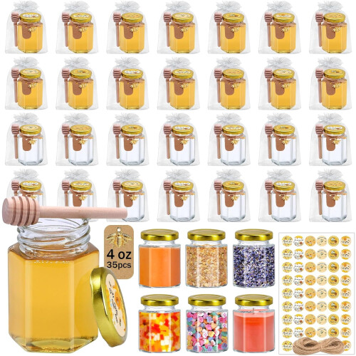 35-Pack 4oz μίνι εξάγωνα γυάλινα βάζα μελιού με κουτάλες, καπάκια, αυτοκόλλητα,