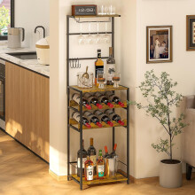 5-Tier Freestanding Wine Rack with Glasses Holder & 4 S-Hooks, Corner Mini Bar Cabinet for Small Spaces, Compatible with Home Use