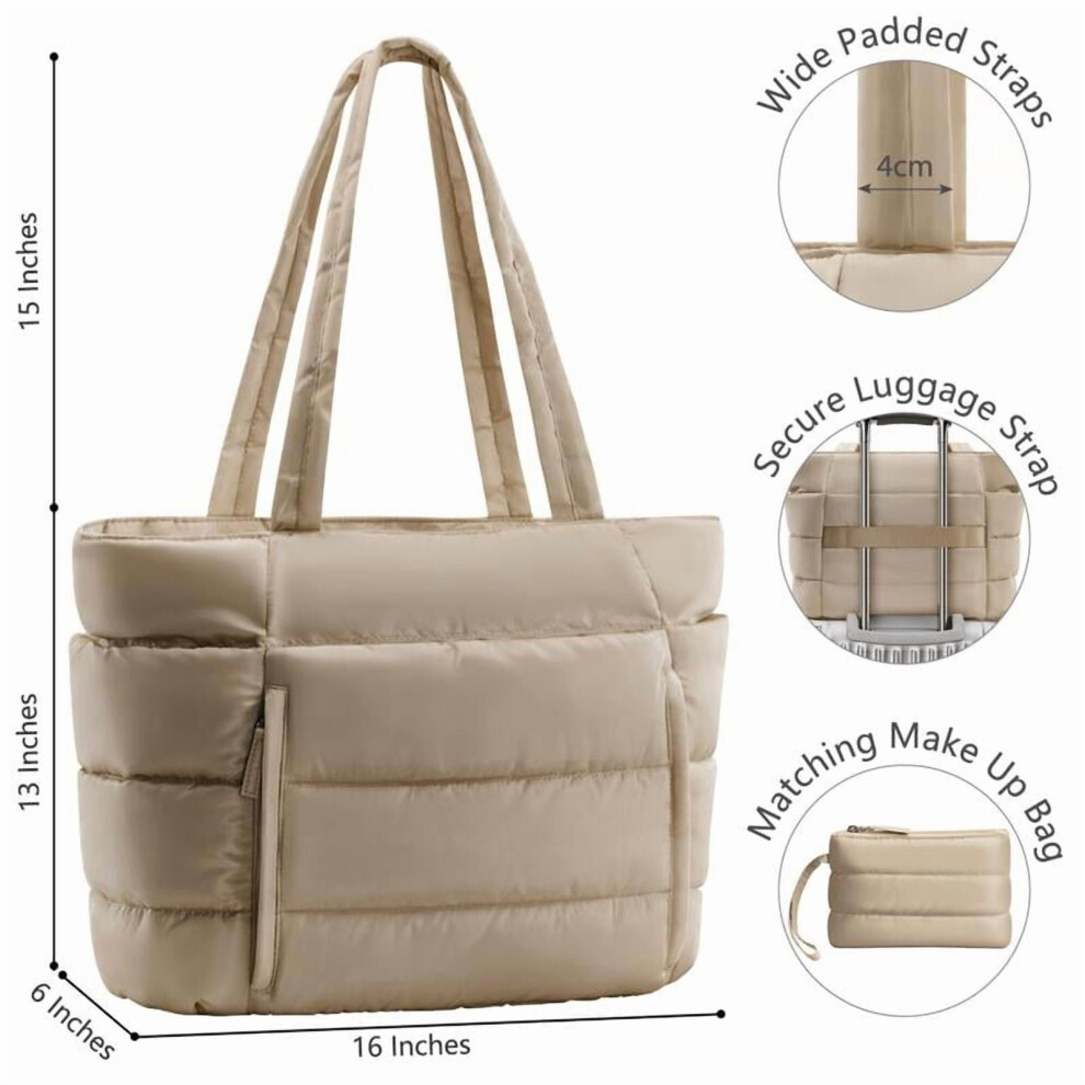 Women's quilted puffer tote bag with zipper, large laptop
