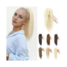 Queue de cheval courte et lisse de 35,5 cm (14 pouces) avec pince, extension de cheveux synthétique naturelle multicouche pour femmes