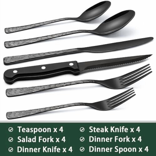Black Hammered Stainless Steel Flatware Set 24-Piece 1