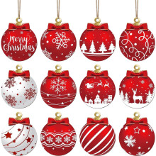 12pc Red & White Christmas Ornaments, Shatterproof 2D Baubles with Ribbons – Indoor/Outdoor Holiday Decor, Compatible with All Tree Sizes