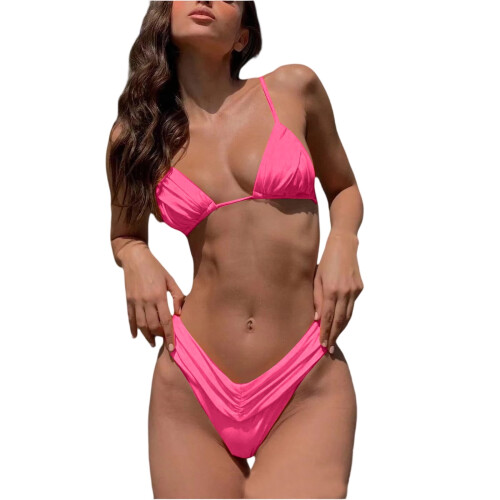 Damebikini med flæser og sidebånd, pink, 2XL