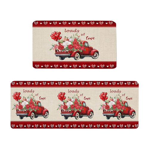 Red Heart Kitchen Rug Set – Anti-Fatigue Runner Mat Pair
