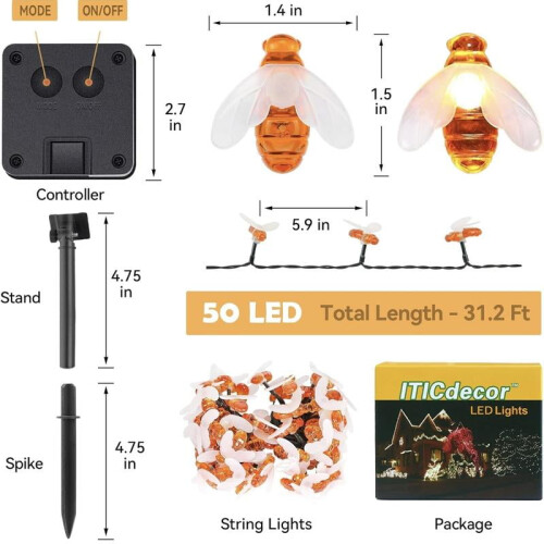 50 τεμάχια ηλιακά φωτάκια LED σε σχήμα μέλισσας – Ζεστή λαμπερή, ρεαλιστική 2
