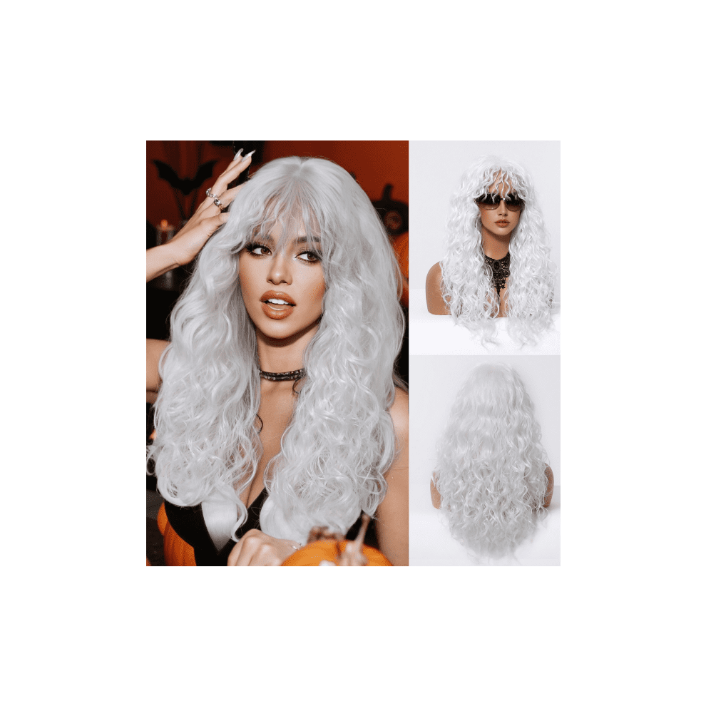 Unisex White 28" Curly Bangs Wig, Natural Fluffy Wavy, Soft High-Temp Silk, Fashionable & Cute, Cosplay Ready Â 1Pc