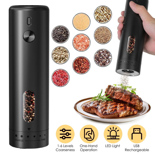 USB Rechargeable Electric Pepper Grinder, 6-Setting, LED Light, 110ml, One-Hand Operation – Compatible with Kitchen Essentials